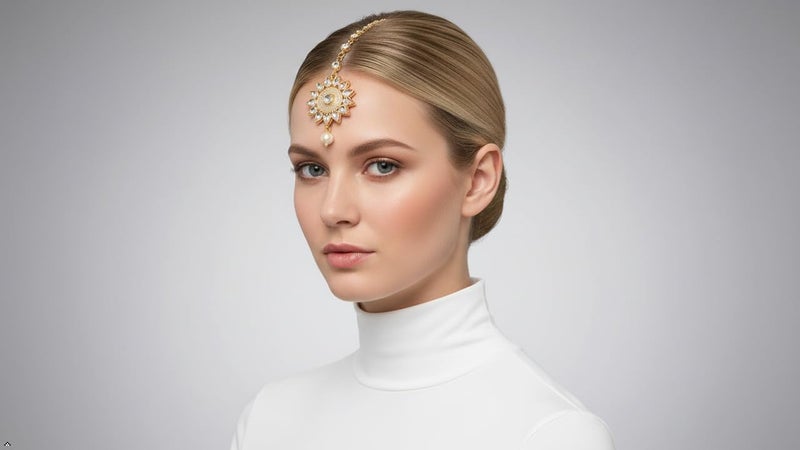 Touchstone maang Tikka Indian Head Jewelry Women Hair Accessories Gold Headpiece Forehead mangtika Bollywood Simple kundan Wedding Dainty Chain Bridal tikli borla Filigree netthi chutti - Image 1